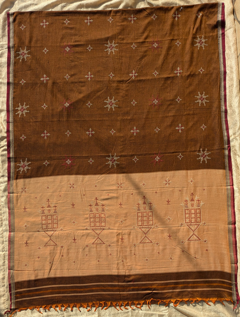 brown kasuti ter handwoven cotton saree fabric texture display