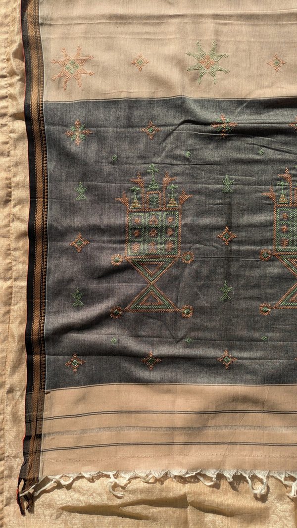 beige kasuti ter handwoven cotton saree flat-lay view