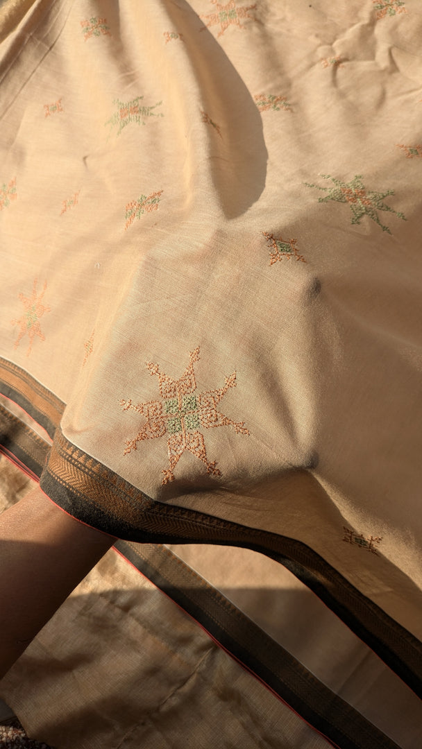 beige handwoven cotton saree with kasuti ter embroidery border detail