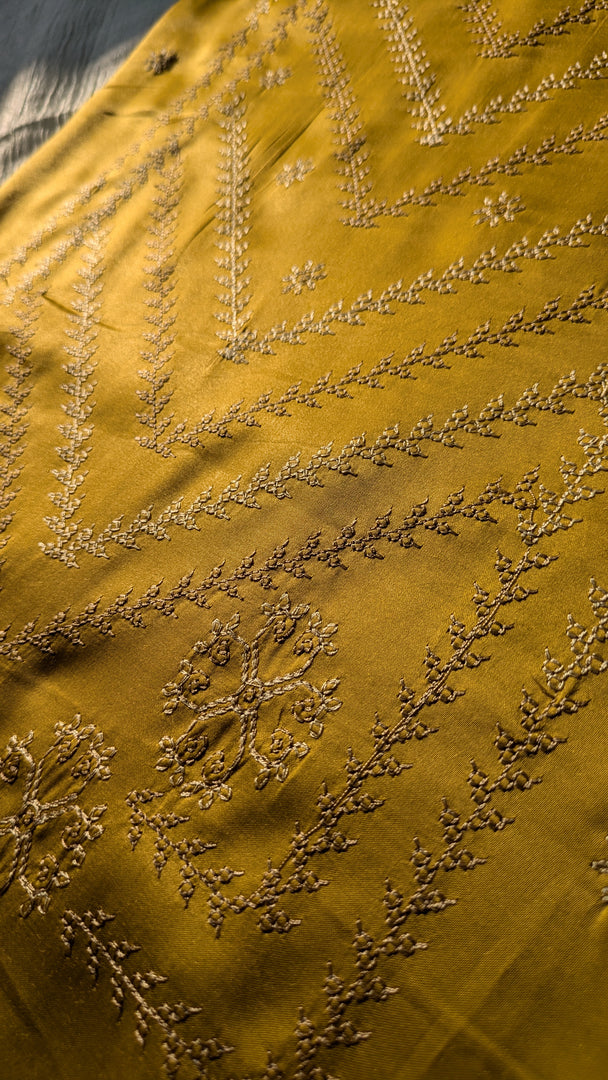 vani silk kurta material in mustard shade flat-lay view