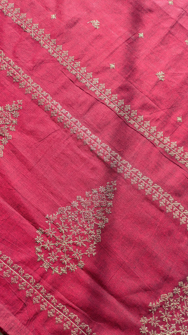 maroon petal kasuti handwoven cotton saree folded fabric view
