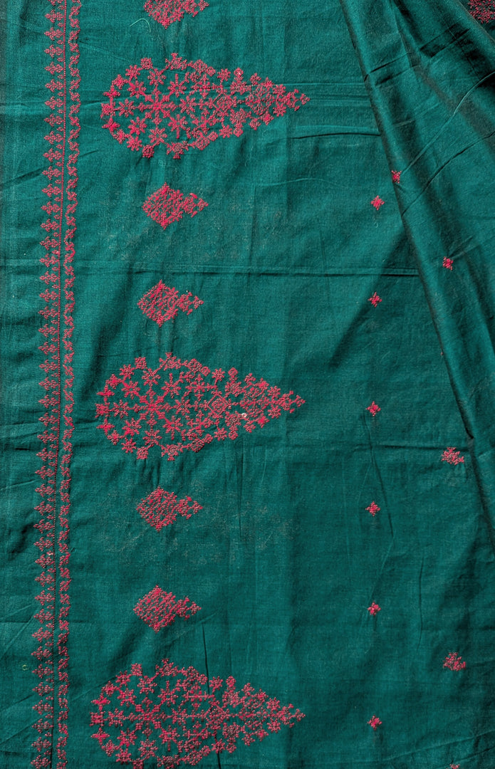 handwoven kasuti cotton saree in seagreen petal design flat-lay