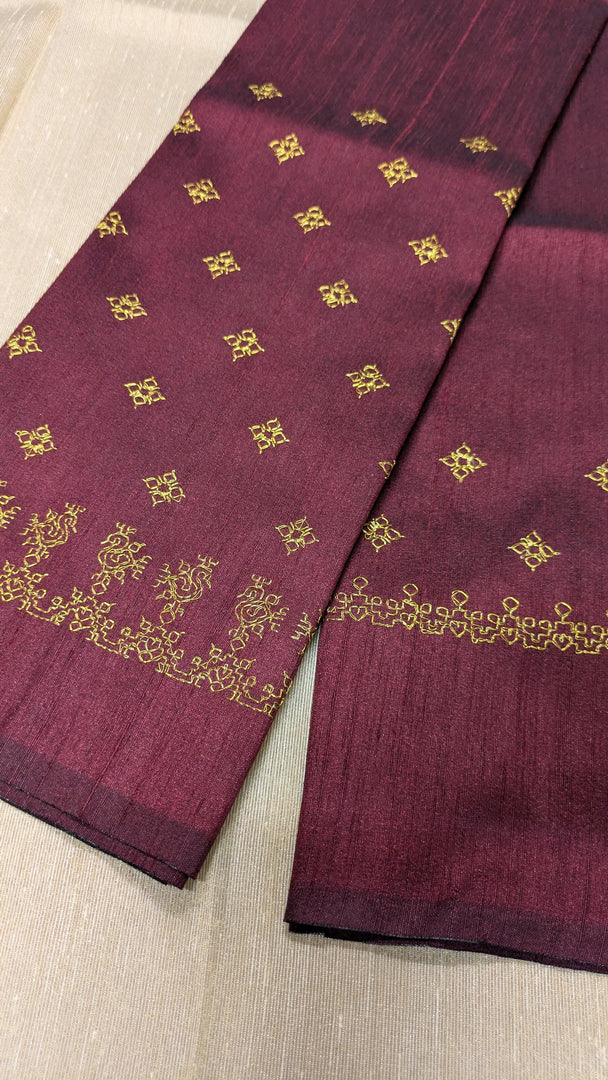 maroon kasuti blouse with peacock motif in gold zari embroidery