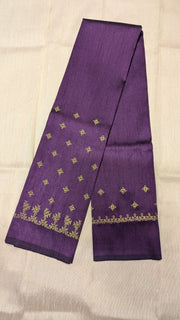 purple blouse showing gold zari kasuti embroidery with peacock motif