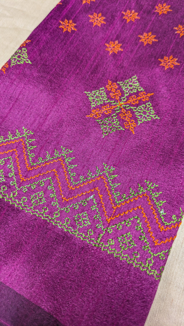 Purple kasuti blouse front angled view with stitched neckline motifs
