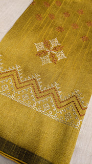 Mustard kasuti blouse front view with embroidered neckline detail