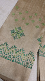 Load image into Gallery viewer, Beige kasuti blouse front view with stitched embroidery around neckline
