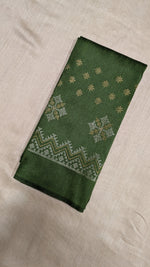 Load image into Gallery viewer, Close-up embroidery detail on mehendi green kasuti blouse fabric
