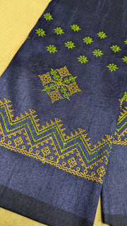 Navy blue kasuti blouse front view with traditional embroidery patterns
