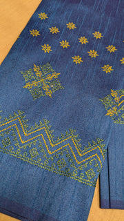Deep blue kasuti blouse front view with stitched embroidery