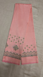 Load image into Gallery viewer, Side view of peach with green blouse showing kasuti neckline embroidery
