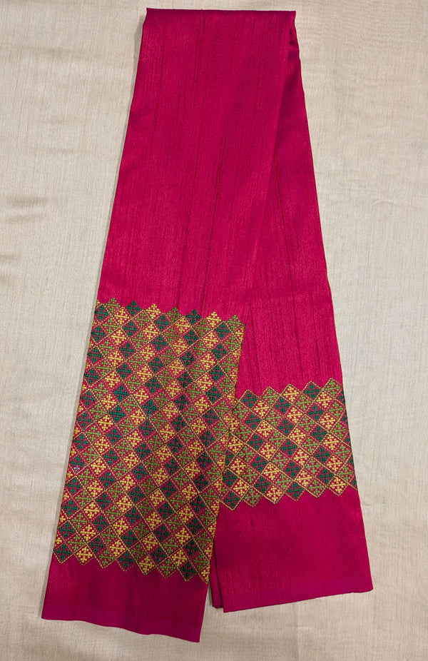 Rani pink banjara work blouse sleeve embroidery close-up