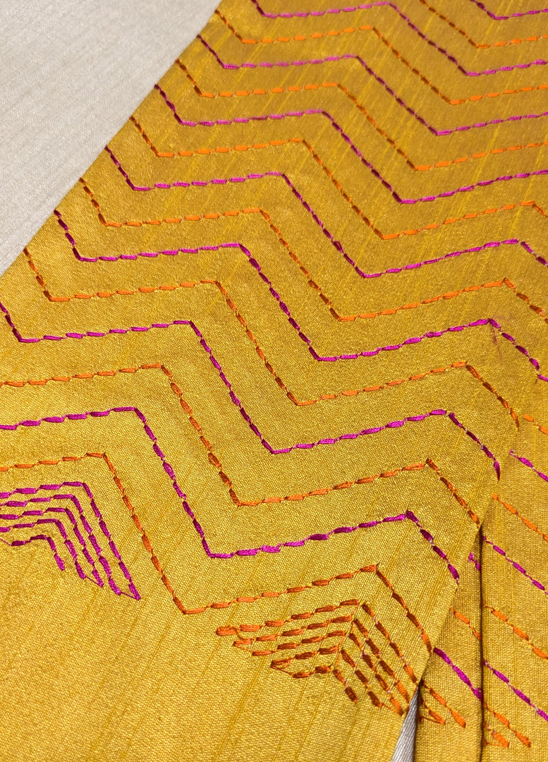 Haldi yellow kanta stripes blouse front view with stitched stripe design