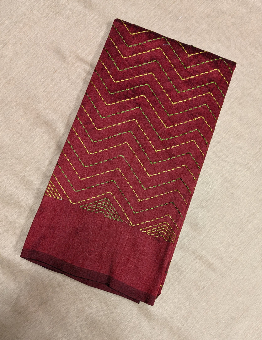 Maroon kanta stripes blouse sleeve embroidery close-up