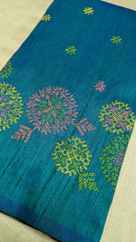 Load image into Gallery viewer, embroidered kasuti manjiri blouse in peacock blue neckline view
