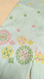Load image into Gallery viewer, sky blue blouse with kasuti manjiri embroidery close view
