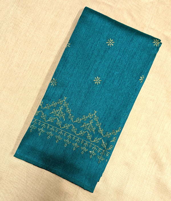 Peacock blue kasuti blouse front view with intricate embroidery on neckline