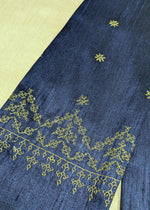 Load image into Gallery viewer, Navy blue blouse angled view with kasuti stitch patterns on front
