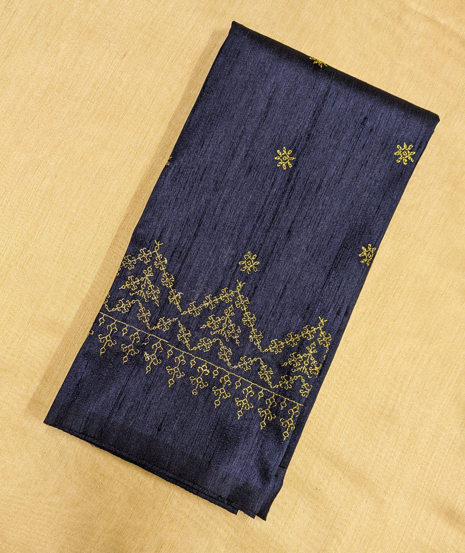 Navy blue kasuti blouse front flat-lay showing neckline embroidery