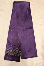 Load image into Gallery viewer, Side view of purple kasuti blouse with embroidered neckline detail
