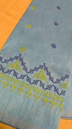 Load image into Gallery viewer, Sky blue kasuti blouse front view with stitched embroidery design
