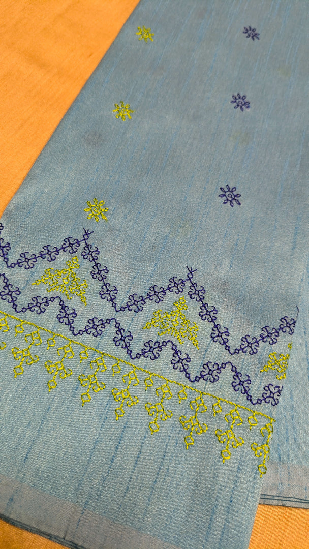 Sky blue kasuti blouse front view with stitched embroidery design