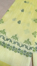 Load image into Gallery viewer, Lemon kanika kasuti blouse sleeve with embroidered motif close-up
