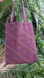 Purple kasuti malli valli tote bag side angle showing embroidery detail