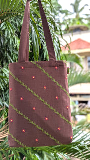 Brown kasuti sitara tote bag with embroidered motif front view