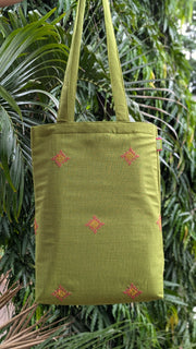 Parrot kasuti sitara tote bag front view with embroidery design
