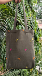 Fern kasuti farm animals tote bag side view showing embroidered motifs