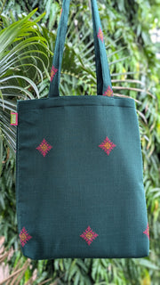 Forest green kasuti farm animals tote bag with animal embroidery front view