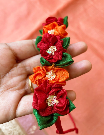 Red & Orange handcrafted fabric Gajra-Hairtie