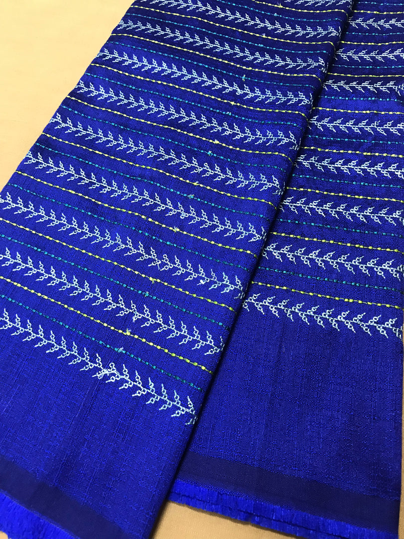 Royal blue village kasuti blouse close-up of embroidered village motifs