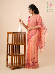 peach mayur organza kasuti saree highlighting woven embroidery design
