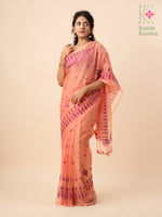 Load image into Gallery viewer, peach mayur organza kasuti saree showing embroidered pallu detail
