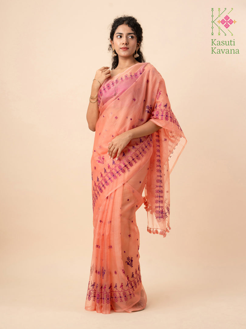 peach mayur organza kasuti saree showing embroidered pallu detail