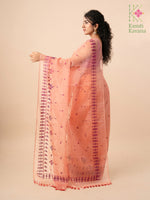 Load image into Gallery viewer, peach mayur organza kasuti saree with embroidery close-up view

