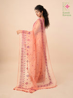 Load image into Gallery viewer, peach mayur organza kasuti saree with embroidered motifs across body
