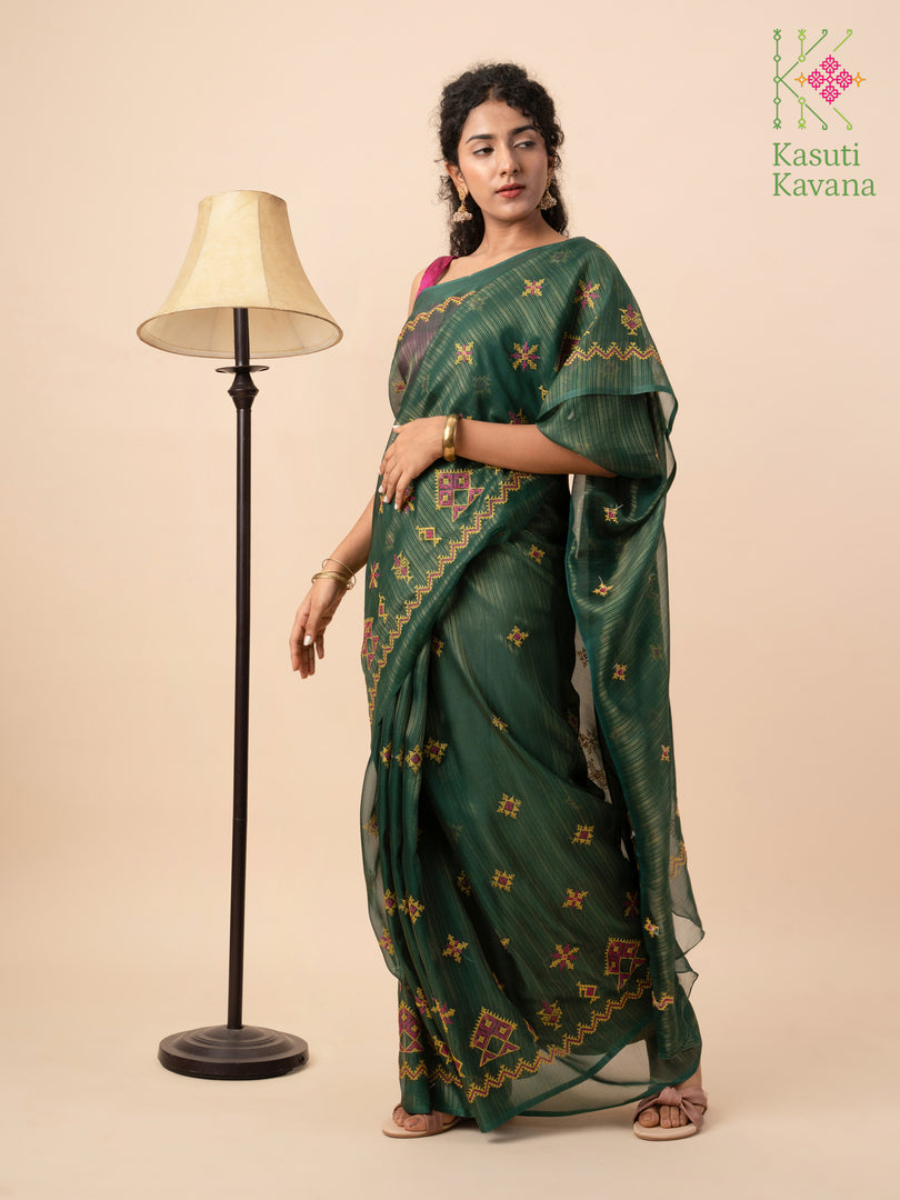 green tissue sherbet kasuti saree with embroidery front view