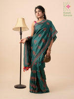Load image into Gallery viewer, Drape view of deep green classic kasuti saree with kasuti patterns
