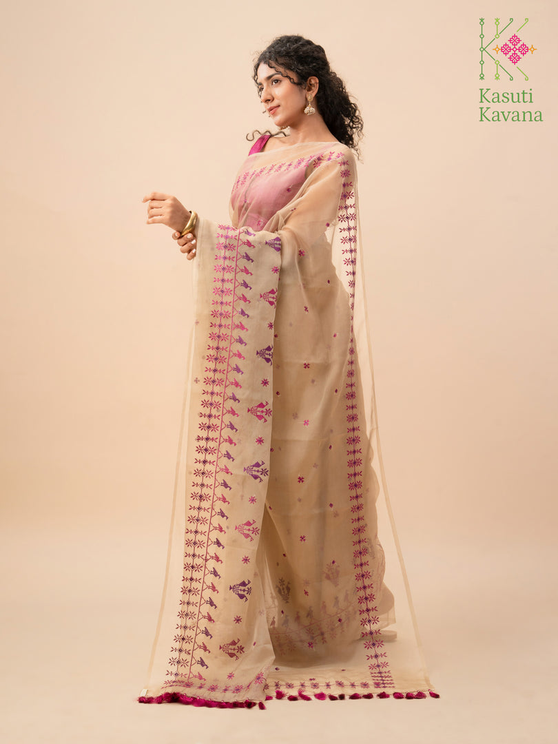brown mayur organza kasuti saree with kasuti embroidery close-up