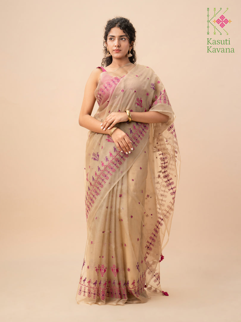 brown mayur organza kasuti saree highlighting woven embroidery detail