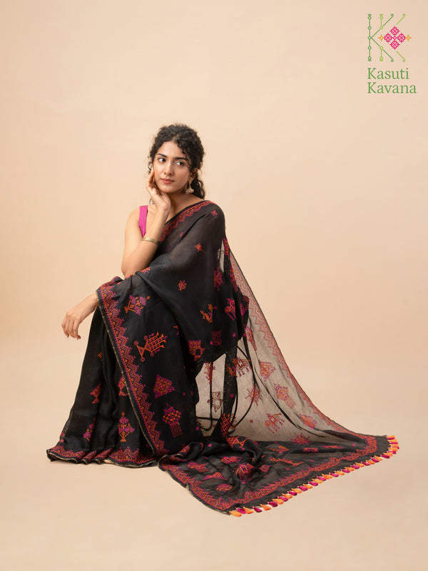 Black cotton saree with traditional kasuti embroidery along the border