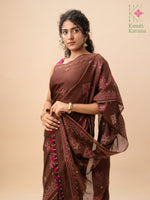 Load image into Gallery viewer, embroidered coffee brown kasuti saree border detail
