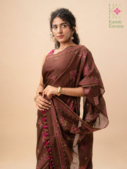 embroidered coffee brown kasuti saree border detail