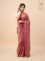 Load image into Gallery viewer, Pallu close-up of deep pink tissue saree with kasuti temple motifs
