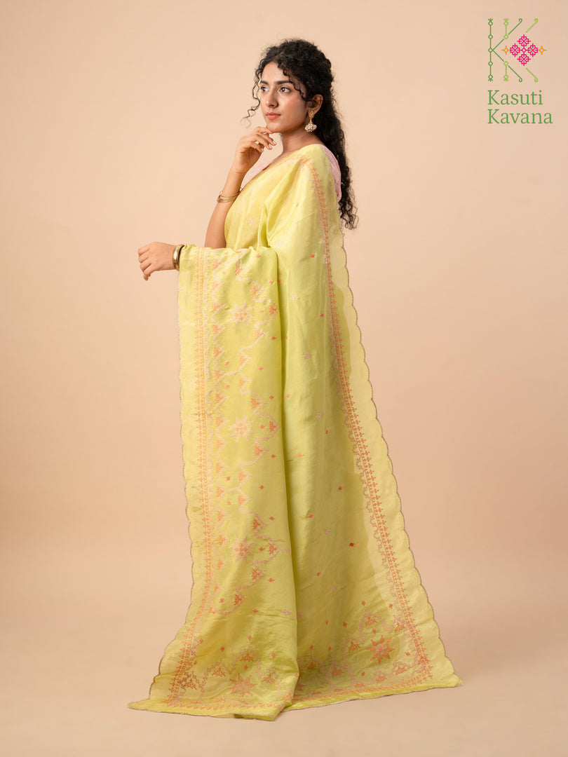 light green kasuti temple tissue saree with embroidered pallu