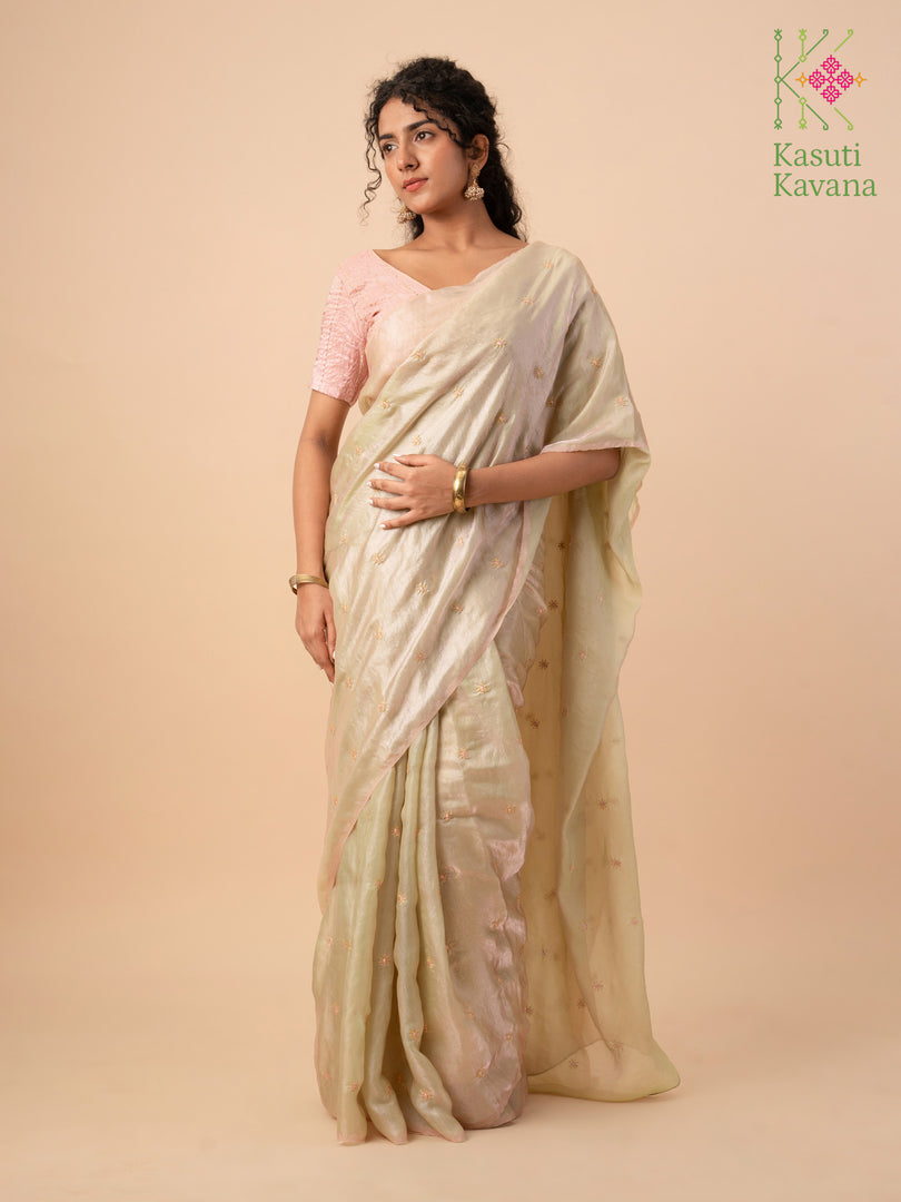fern flora organza saree showing sheer fabric with floral embroidery