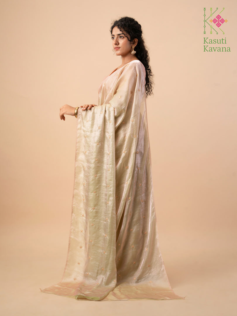 fern flora glass organza saree with embroidery across sheer fabric